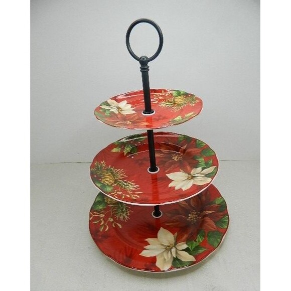 222 Fifth POINSETTIA HOLLY3 Tier Serving Tray Fine China 10.75", 8.75" & 6.5"